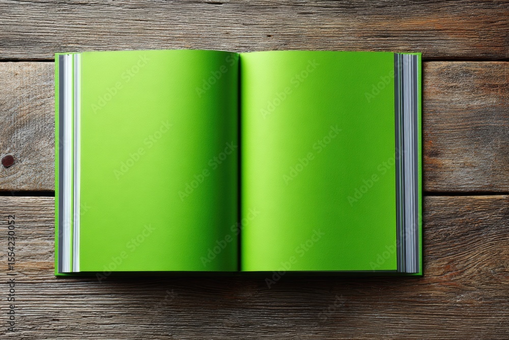 Aufkleber blank green notebook lay flat on rustic wooden table with textured grain for creative journaling and