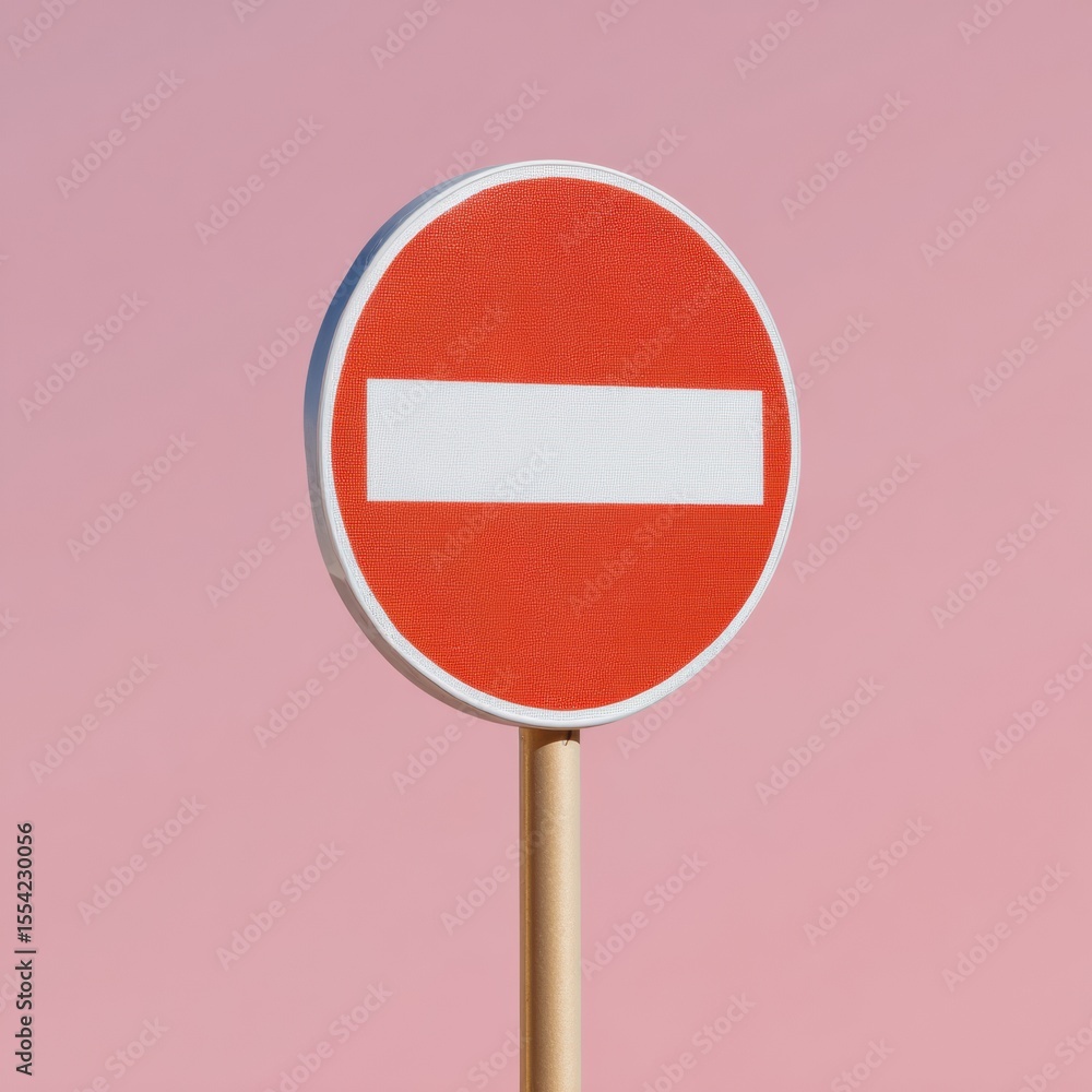 Poster minimalist no entry sign with horizontal bar on pole against pastel background for modern infrastruc