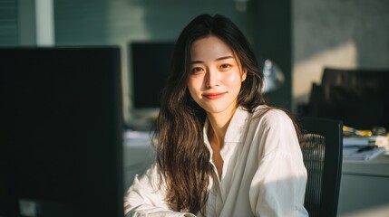 Young woman with dark hair in a white collared shirt sitting at a desk