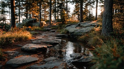 Fototapeta premium Forest path through rocks and stream. Golden light