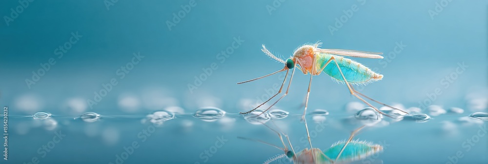 Poster macro mosquito on water surface with reflection symbolizing disease prevention and breeding grounds 