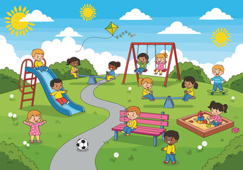 Cartoon kids at playground, outdoor playtime illustration, slide swing seesaw sandbox, park activity scene, colorful child character vector design
