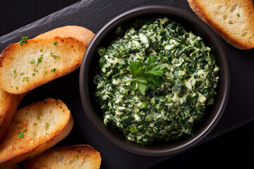 Spinach appetizer with bread, top view, dark background