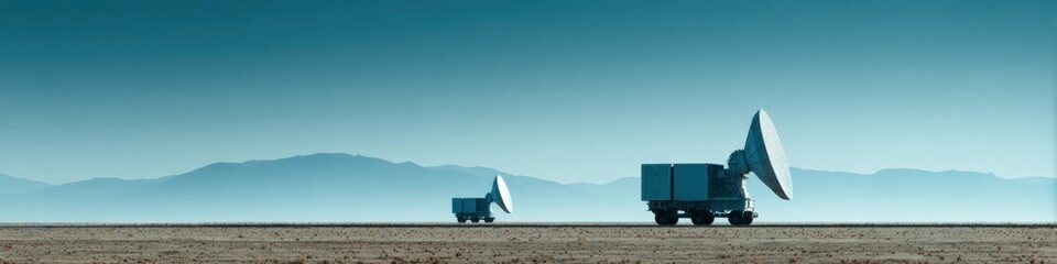 Obraz premium Advanced Missile Defense Satellite Dishes and Radio Antennas on Military Vehicles in Open Desert Sky for Secure Global Communications and Strategic Telecom Infrastructure