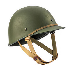 Vintage military helmet with chin strap and brim isolated on transparent background