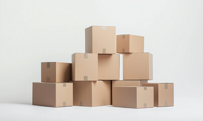 A stack of brown cardboard boxes piled irregularly against a white background, simple and straightforward.