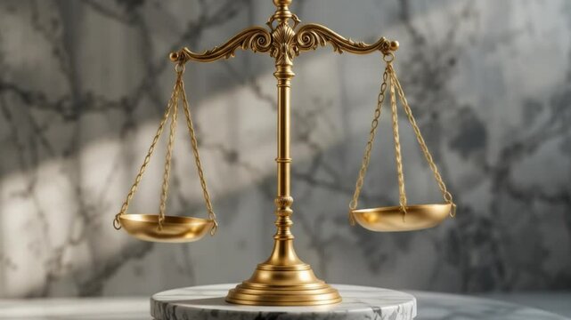 Elegant golden balance scale on marble background symbolizing justice and law
