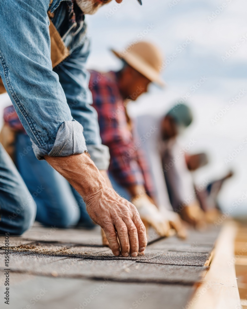 Poster skilled roofing workers installing shingles together for durable roof protection and teamwork in mod