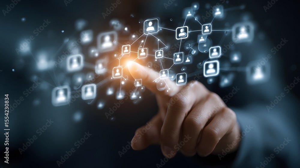 Poster hand interacting with a digital network of connected user profiles, symbolizing social or profession