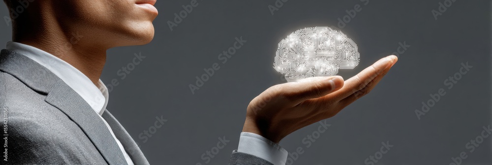 Aufkleber Businessman holding digital AI brain hologram with futuristic data analytics interface for automation and modern industry innovation