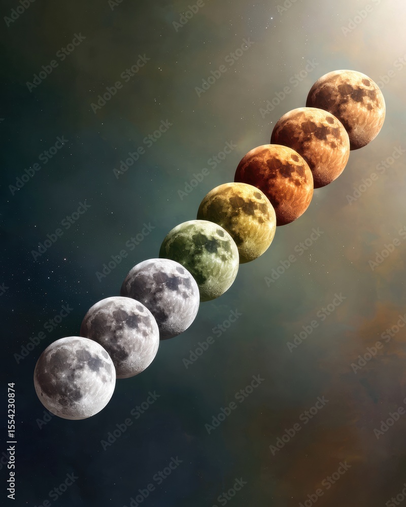 Aufkleber Colorful Lunar Phase Cycle Sequence on Celestial Background with Detailed Moon Surface for Educational and Digital Science Content
