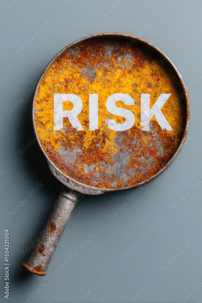 Aufkleber Rusted Frying Pan with Bold Risk Text Symbolizing Business Hazard and Loss Mitigation for Modern Decision Making and Risk Evaluation