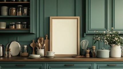 Empty frame on a wooden countertop in a teal kitchen.