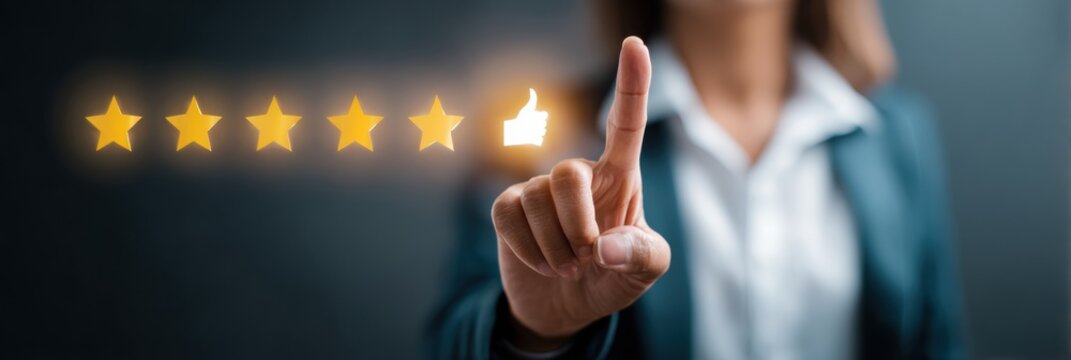 Modern Digital Load Testing with Businessperson Interacting with Virtual Feedback Icons and 5-Star Ratings for Customer Approval and Service Excellence