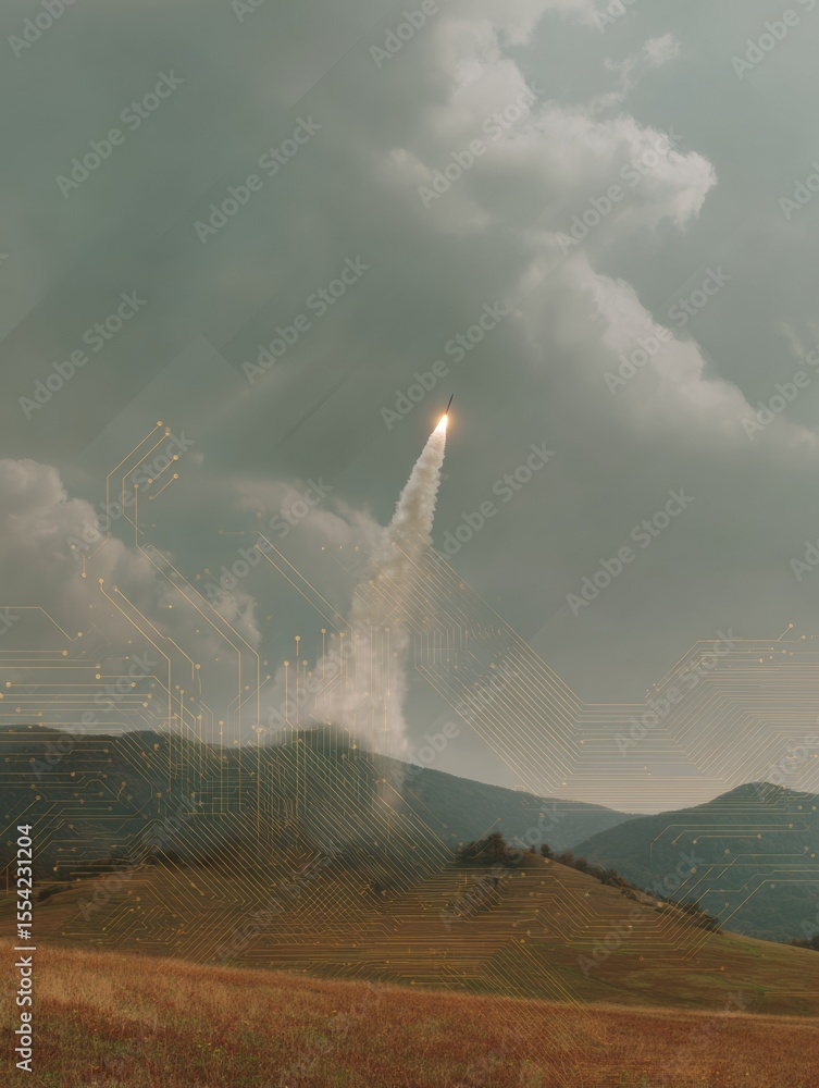 Aufkleber futuristic rocket launch over digital circuit landscape symbolizing rapid investment growth and mark