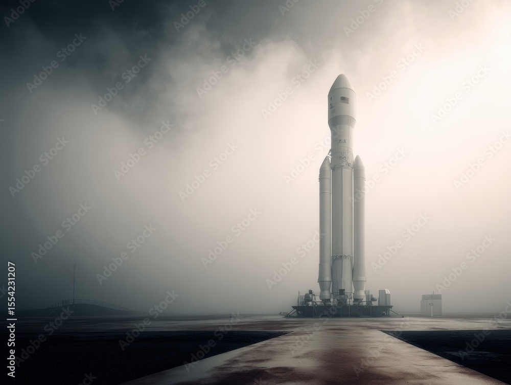 Poster futuristic rocket on launch pad with dramatic cloudy sky backdrop aerospace industry innovation and 