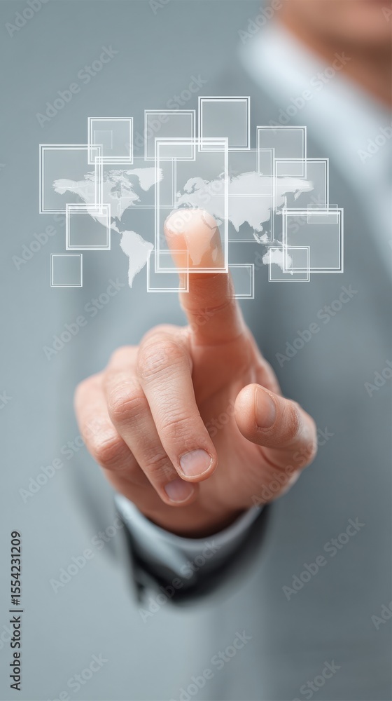 Poster Modern Fintech Interface with Touchscreen Digital Banking Controls and World Map for Secure Transactions and Global Financial Management