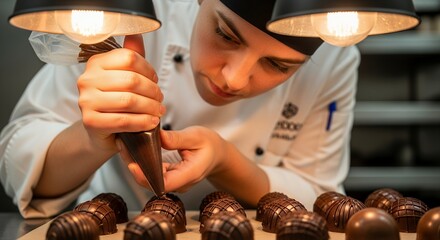 A pastry chef carefully decorates chocolate candies with a piping bag in a professional kitchen setting.