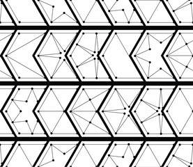 Seamless geometric pattern with interconnected hexagons creating intricate designs, blending angular shapes and lines in harmonious visual composition