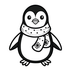 A cute baby cartoon penguin loves ice cream in the cold winter snow