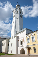 An ancient clock tower. Territory of the Kremlin of Veliky Novgorod, Russia