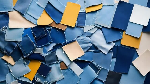 A collection of fabric swatches in various shades of blue, beige, and yellow, showcasing different textures and patterns.