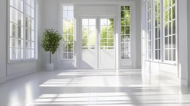 A bright, empty room with large windows, white walls, and light-colored flooring, featuring a small indoor plant.