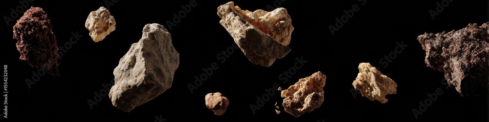 Poster Floating Rocky Debris and Asteroid Fragments in Midair with Rugged Textures for Creative Marketing and Disruption Concepts in Tech and Design