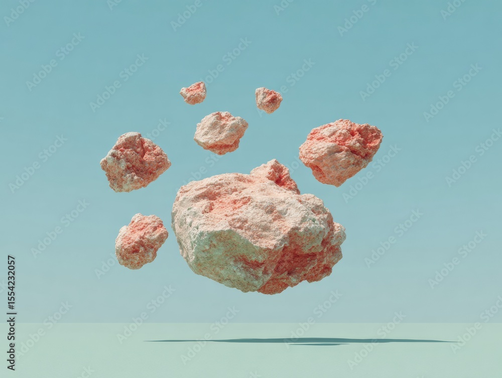 Poster Floating Asteroid Debris Cluster with Detailed Textured Surfaces on Clean Background for Space Tech Branding and Dynamic Cosmic Evolution Concepts