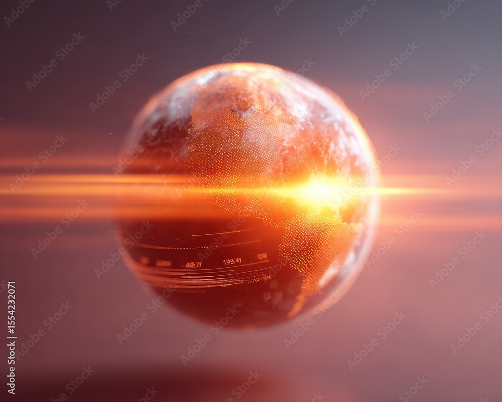 Poster futuristic financial simulation with glowing planet hologram and digital infographics for global fin