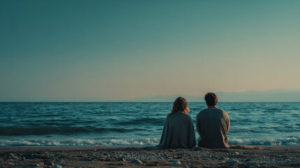 Fototapeta premium A couple sitting on beach watching the distant horizon