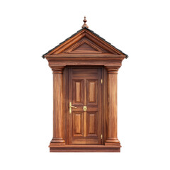 Elegant wooden door with ornate design and a classic pediment above, highlighted against a white background