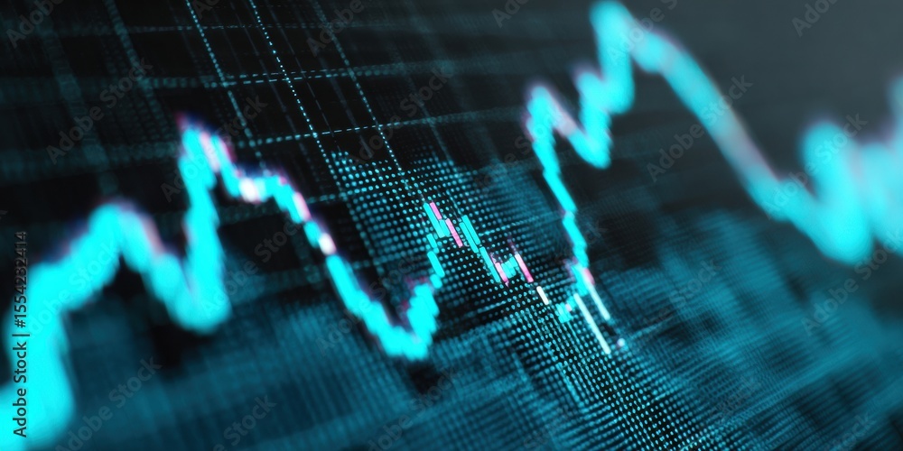 Poster digital stock market graph with rising and falling trends, detailed financial data analysis for inve