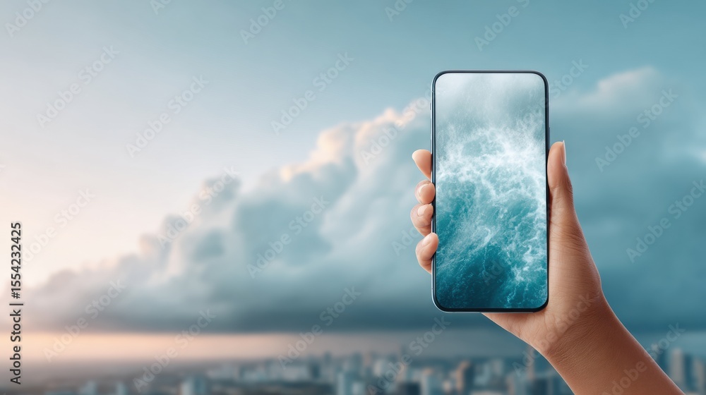 Poster urban weather forecast app on smartphone with cloudy city skyline background - real-time climate ada