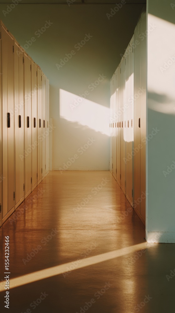 Poster minimalist school hallway with lockers and warm natural light creating calm atmosphere for education