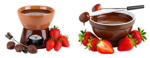 Elegant Chocolate Fondue with Fresh Strawberries, Transparent Background PNG