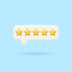 3D speech bubble with five gold rating stars. Visualizing the assessment of excellent service quality.Render of voting, rating or survey on the product. Customer feedback. Volumetric chat messages