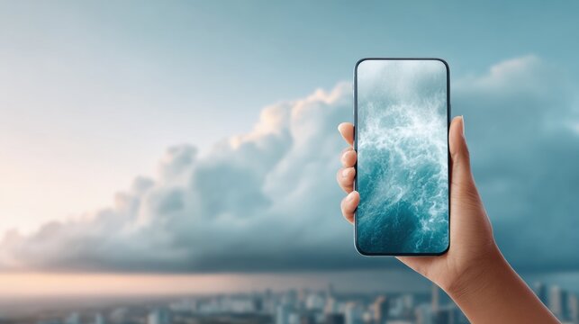 Urban Weather Forecast App on Smartphone with Cloudy City Skyline Background - Real-Time Climate Adaptation and Connected Digital Experience