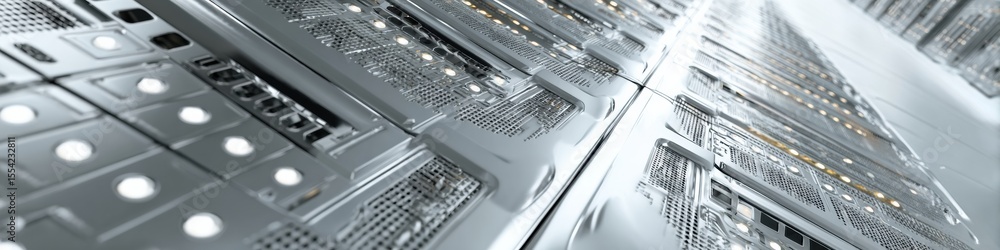 Poster Modern High-Density Data Center with Blinking LEDs and Organized Server Racks Illustrating Robust Digital Infrastructure and Continuous Operation for IT Industry