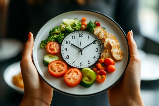 Intermittent fasting concept, close-up on a clock with people feeling hungry, waiting for the time to eat during their intermittent fasting diet session., Generative AI