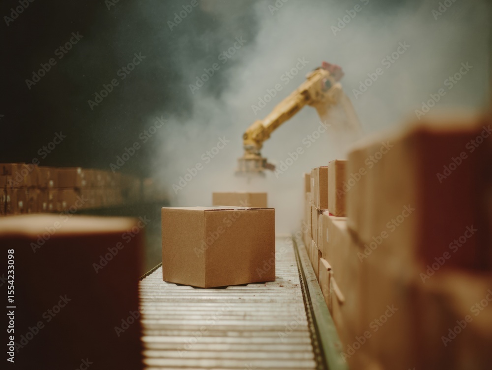 Poster Robotic Arm Automating Cardboard Box Stacking on Conveyor Belt in Warehouse - Industrial Automation Boosting Productivity and Efficiency
