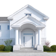 Elegant Modern House with White Facade and Classic Architectural Features Surrounded by Lush Greenery