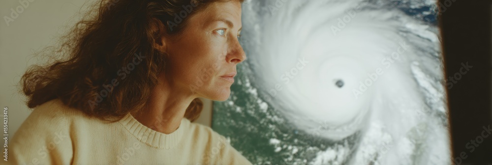 Poster meteorologist monitoring hurricane on advanced weather radar screen in emergency control room for se