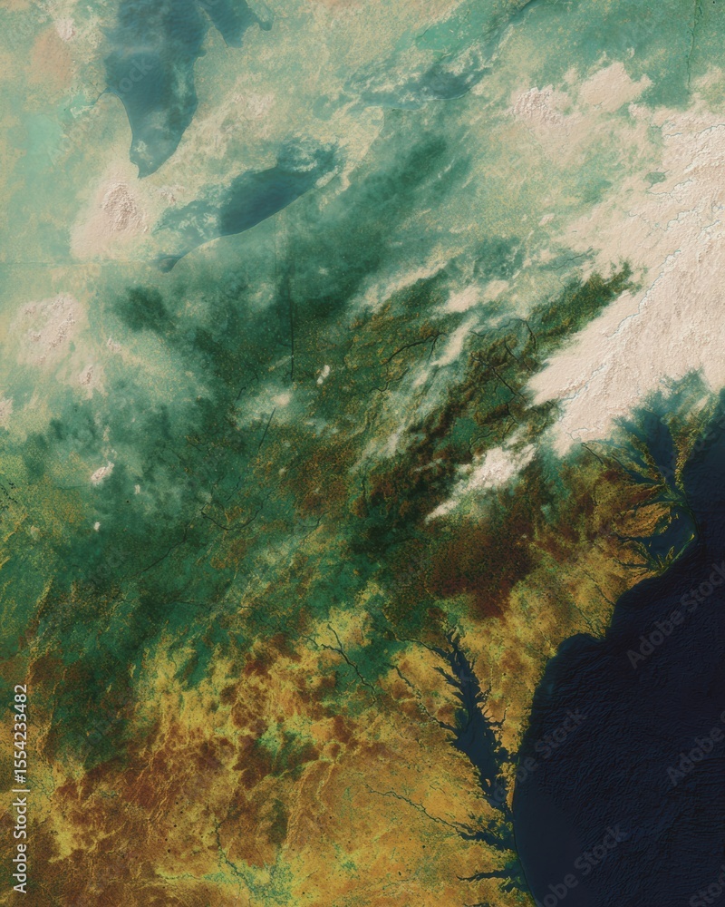 Poster satellite weather radar image showing rainfall intensity and geographic features across southeastern