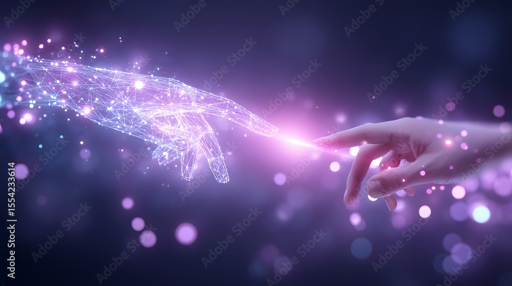 Poster a human hand interacts with a glowing, digital hand composed of interconnected lines and dots in a f