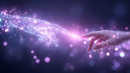 A human hand interacts with a glowing, digital hand composed of interconnected lines and dots in a futuristic setting.