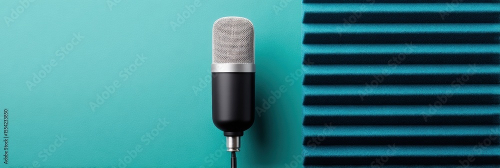 Poster Modern Spatial Audio Recording Studio with Black Microphone and Acoustic Foam Panels for Podcasting and Content Creation in Minimalist Workspace