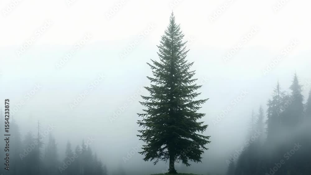 Poster a tall tree stands alone in a misty landscape, surrounded by fog and other trees, creating a serene 