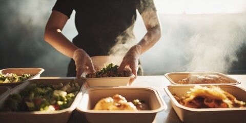Safe Cooking Practices with Eco-Friendly Takeout Packaging and Vegan Salad Preparation in Modern Food Delivery Service