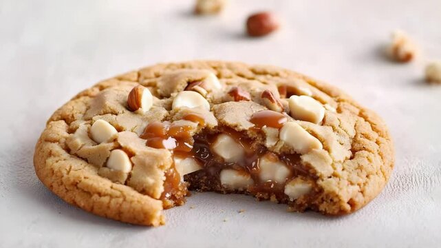 A large cookie with chunks of white chocolate and caramel, featuring a bite taken out of it, with nuts scattered around.